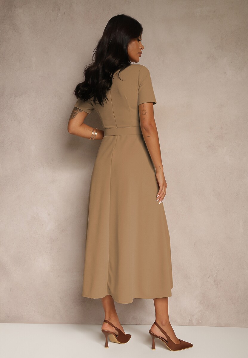 Ciemnobeżowa Sukienka o Rozkloszowanym Kroju z Ozdobnym Paskiem Desiliena