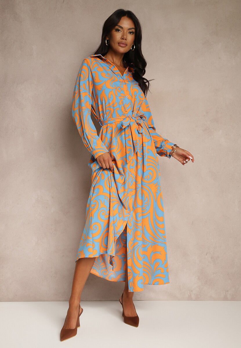 Fuksjowo-Niebieska Sukienka Koszulowa Maxi z Materiałowym Paskiem w Abstrakcyjny Print Lirans