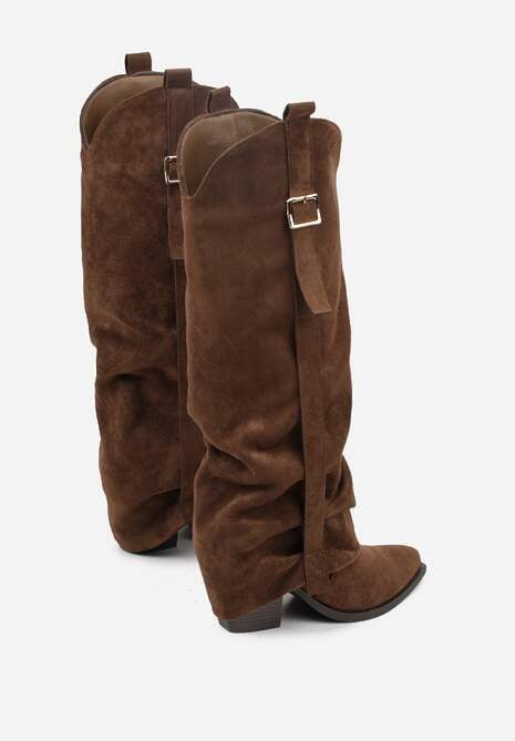 Brązowe Kozaki na Stożku Typu Kowbojki Ozdobione Klamrą i Wywiniętą Cholewką Nalirella