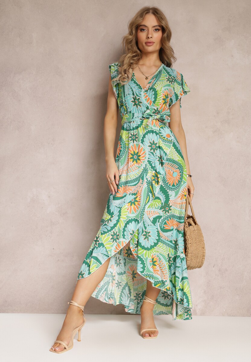 Zielona Kopertowa Sukienka Maxi z Materiałowym Paskiem i Gumką w Talii z Bawełny Alyn