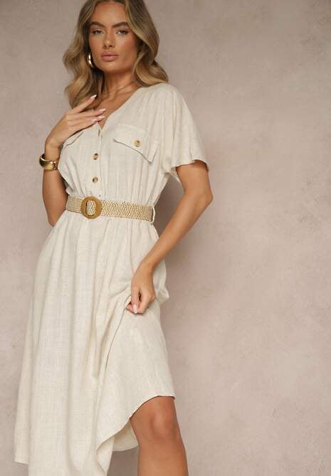 Beżowa Koszulowa Sukienka Midi z Bawełny z Gumką w Talii i Plecionym Paskiem Emera