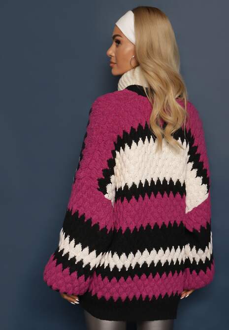 Fuksjowy Luźny Kardigan Niezapinany w Ozdobne Paski Adocca