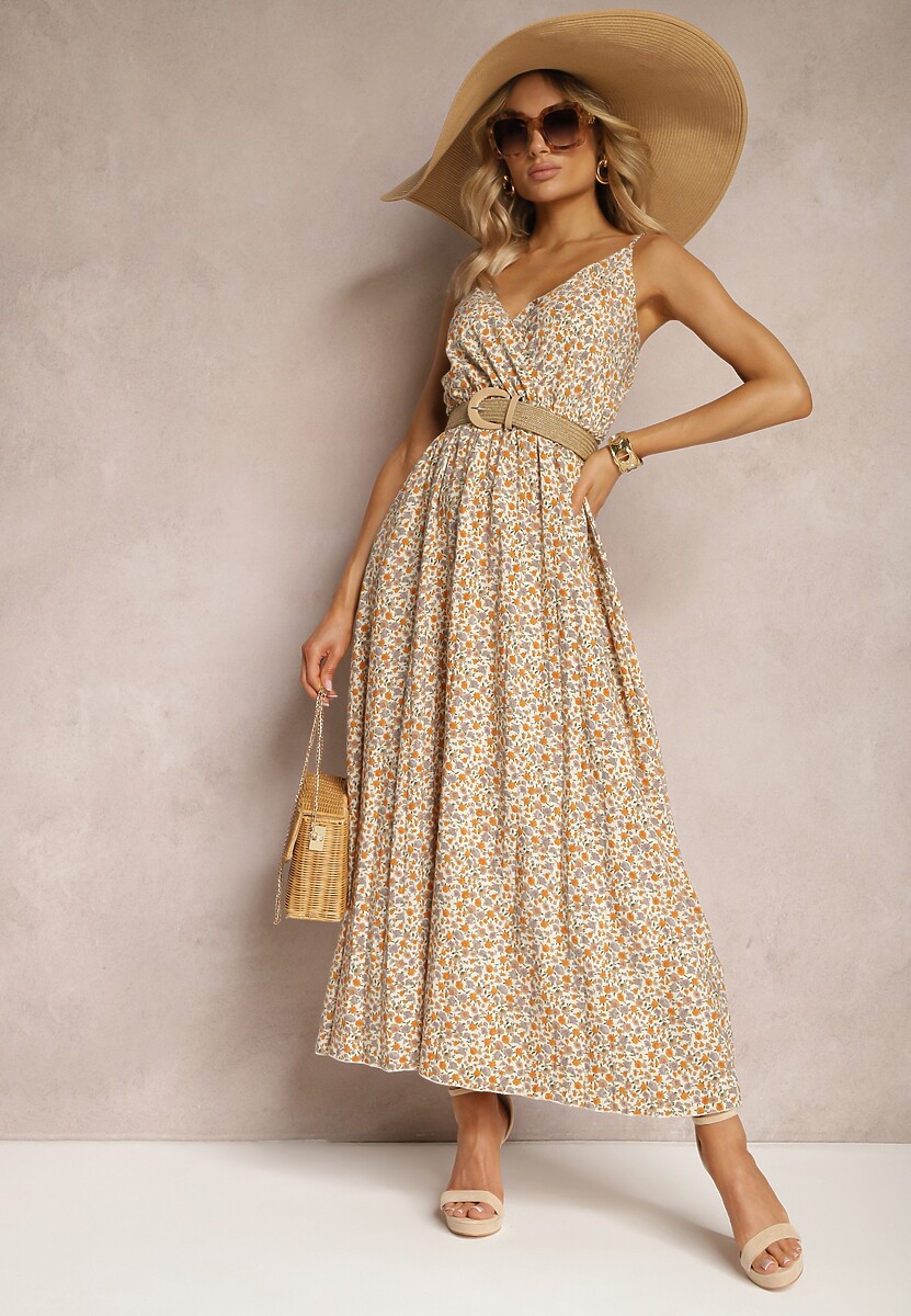 Jasnobeżowa Sukienka na Ramiączkach z Kopertowym Dekoltem z Plisowaniem i Letnim Wzorem Rysenna