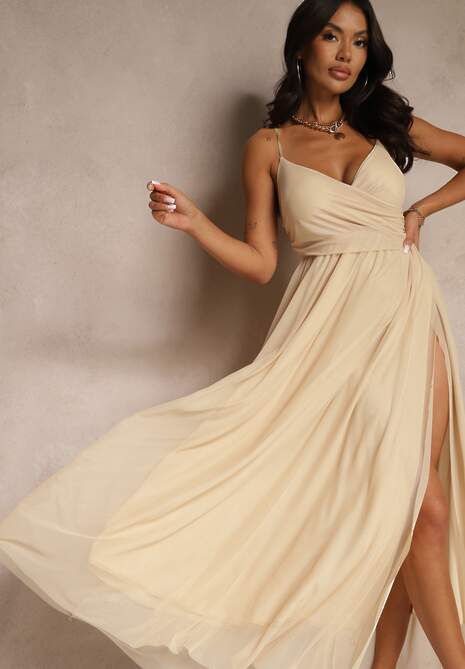 Beżowa Sukienka Koktajlowa Ozdobiona Tiulowym Materiałem Deviora