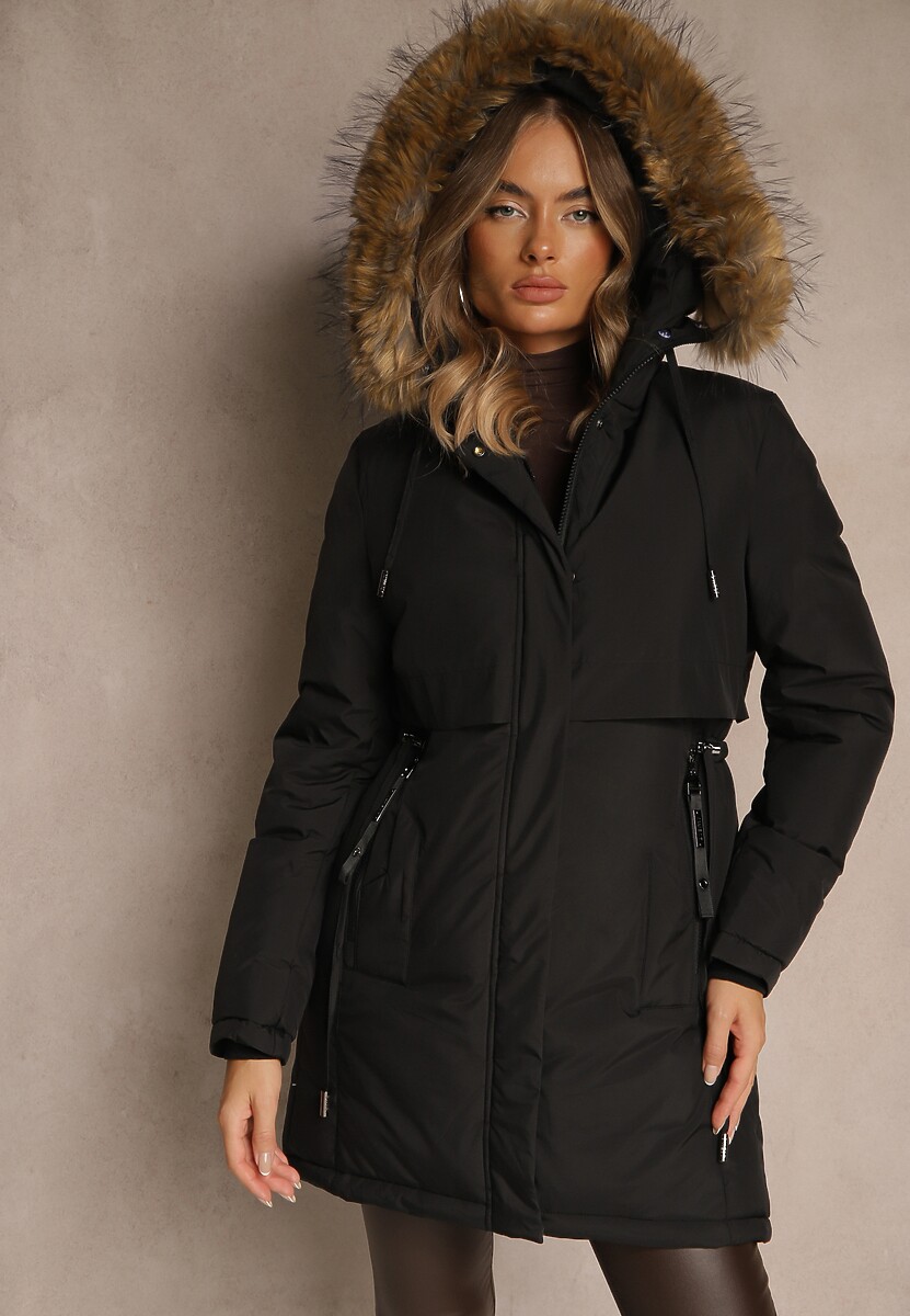 Ciemnobeżowa Klasyczna Kurtka Parka z Kapturem z Futrem Nalisava