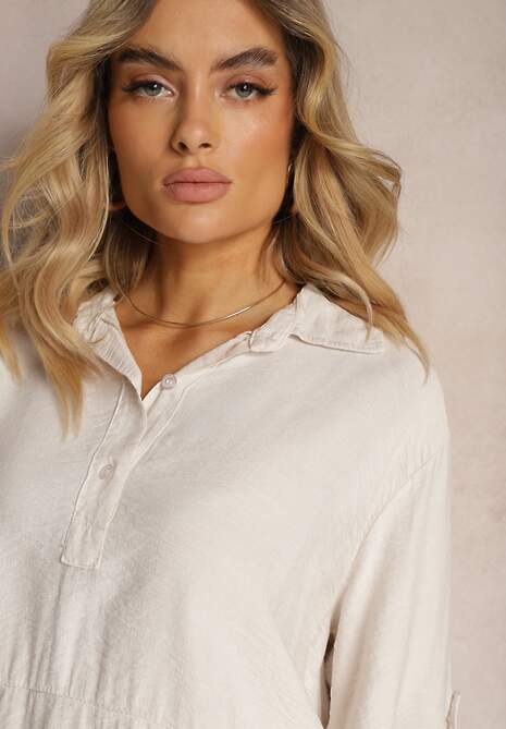 Jasnobeżowa Wiskozowa Koszula z Kołnierzykiem i Guzikami Tivaria