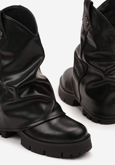Czarne Marszczone Botki Ozdobione Wywiniętą Cholewką z Aplikacją Galire