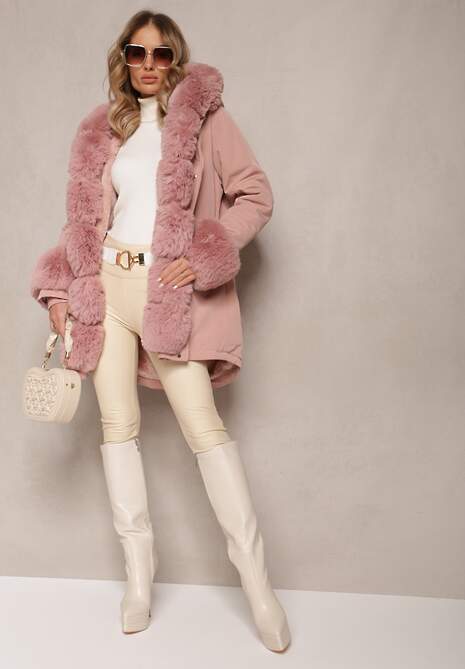 Różowa Kurtka Parka ze Ściągaczem i Kapturem z Futerkiem Bellad