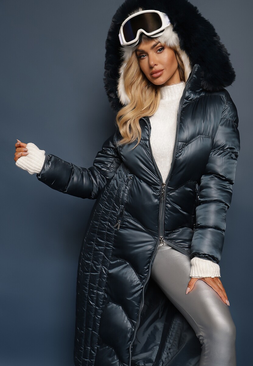 Ciemnozielona Kurtka Płaszcz z Ozdobnym Pikowaniem z Kapturem z Futerkiem i Marszczeniami Larian