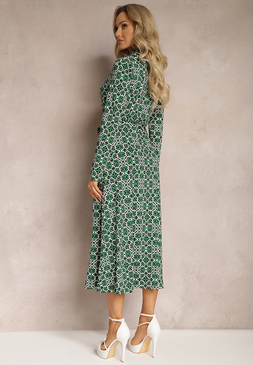 Zielona Sukienka Maxi o Taliowanym Kroju z Paskiem w Geometryczny Wzór Perani