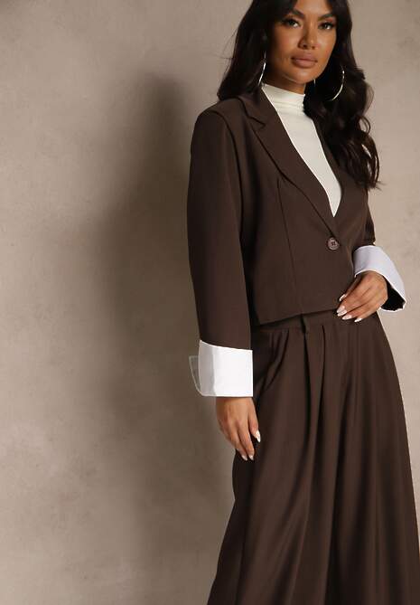 Ciemnobrązowy Garniturowy Komplet Marynarka i Spodnie z Kontrastującymi Zdobieniami Davirielle
