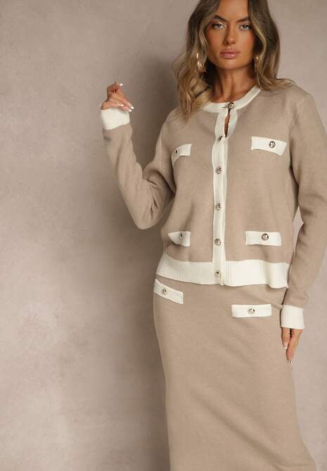 Beżowy Sweterkowy Komplet z Dzianiny z Bawełną Kardigan i Spódnica Derrive