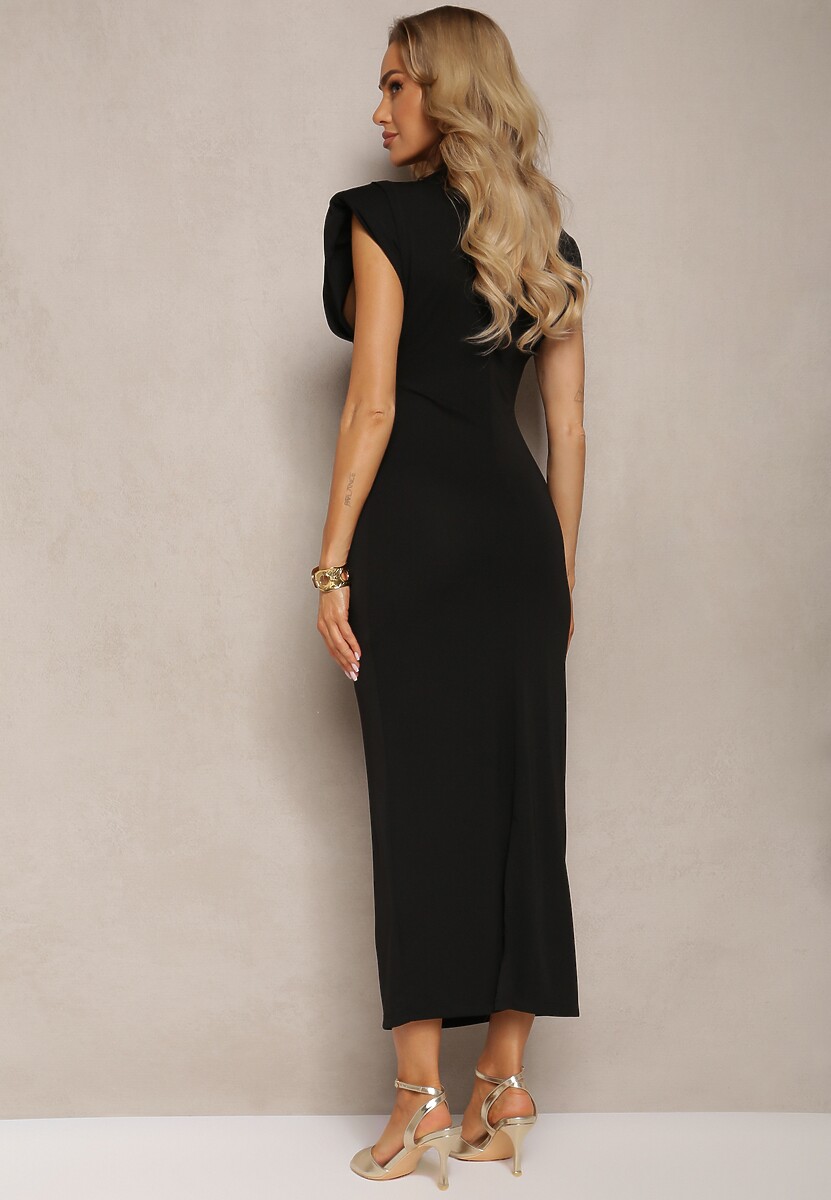 Czarna Taliowana Sukienka z Rozcięciem i Poduszkami na Ramionach Melloretta