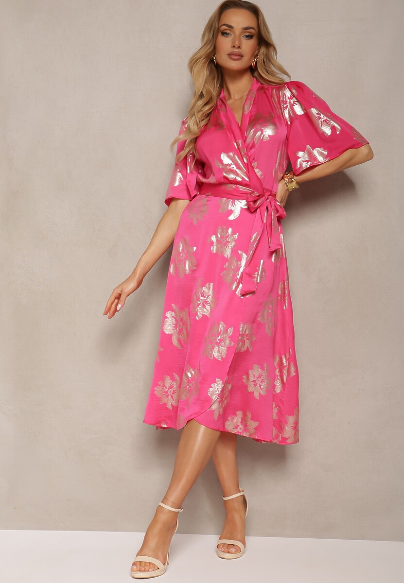 Różowa Kopertowa Sukienka w Metaliczny Florystyczny Wzór z Materiałowym Paskiem w Talii Glerina