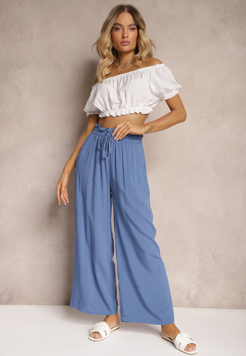 Niebieskie Spodnie Palazzo High Waist z Bawełny Wykończone Gumką w Talii Nellsea
