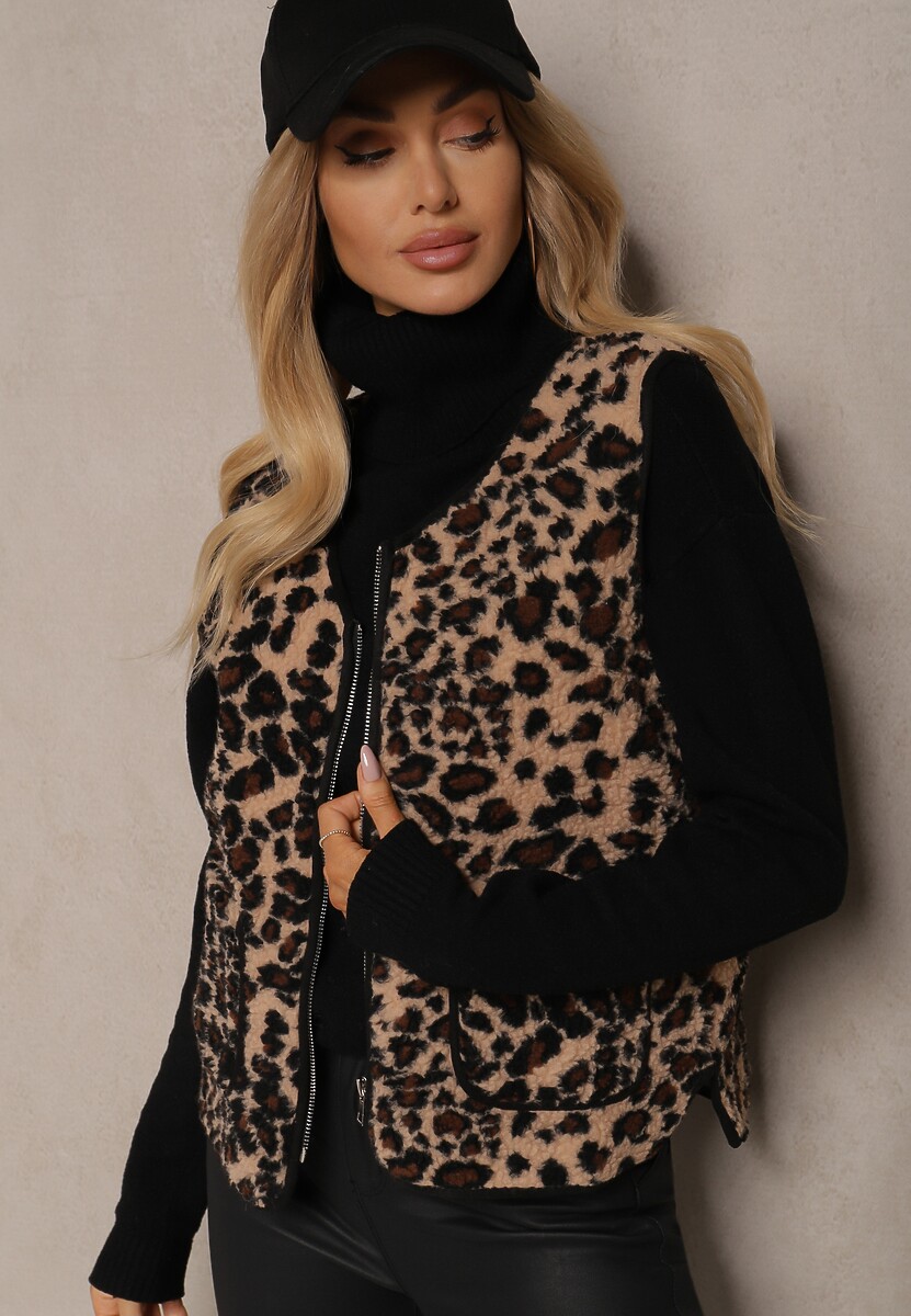 Beżowa Kamizelka w Panterkę z Wsuwanymi Kieszeniami Vamirya