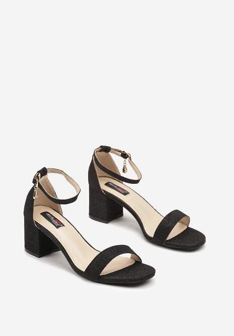 Czarne Brokatowe Sandały z Ozdobną Zawieszką przy Pasku Renneva