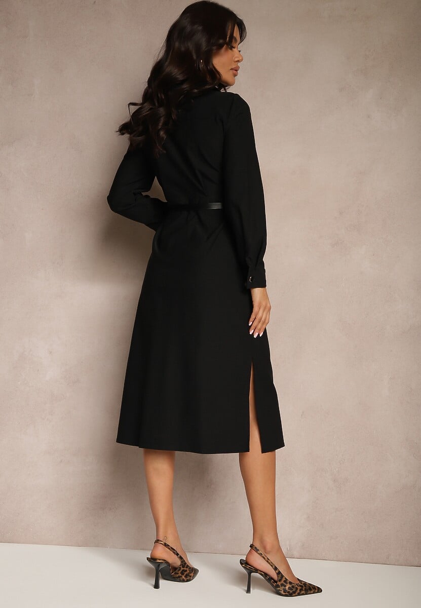 Czarna Koszulowa Sukienka z Ozdobnym Paskiem i Rozcięciami Ciarira