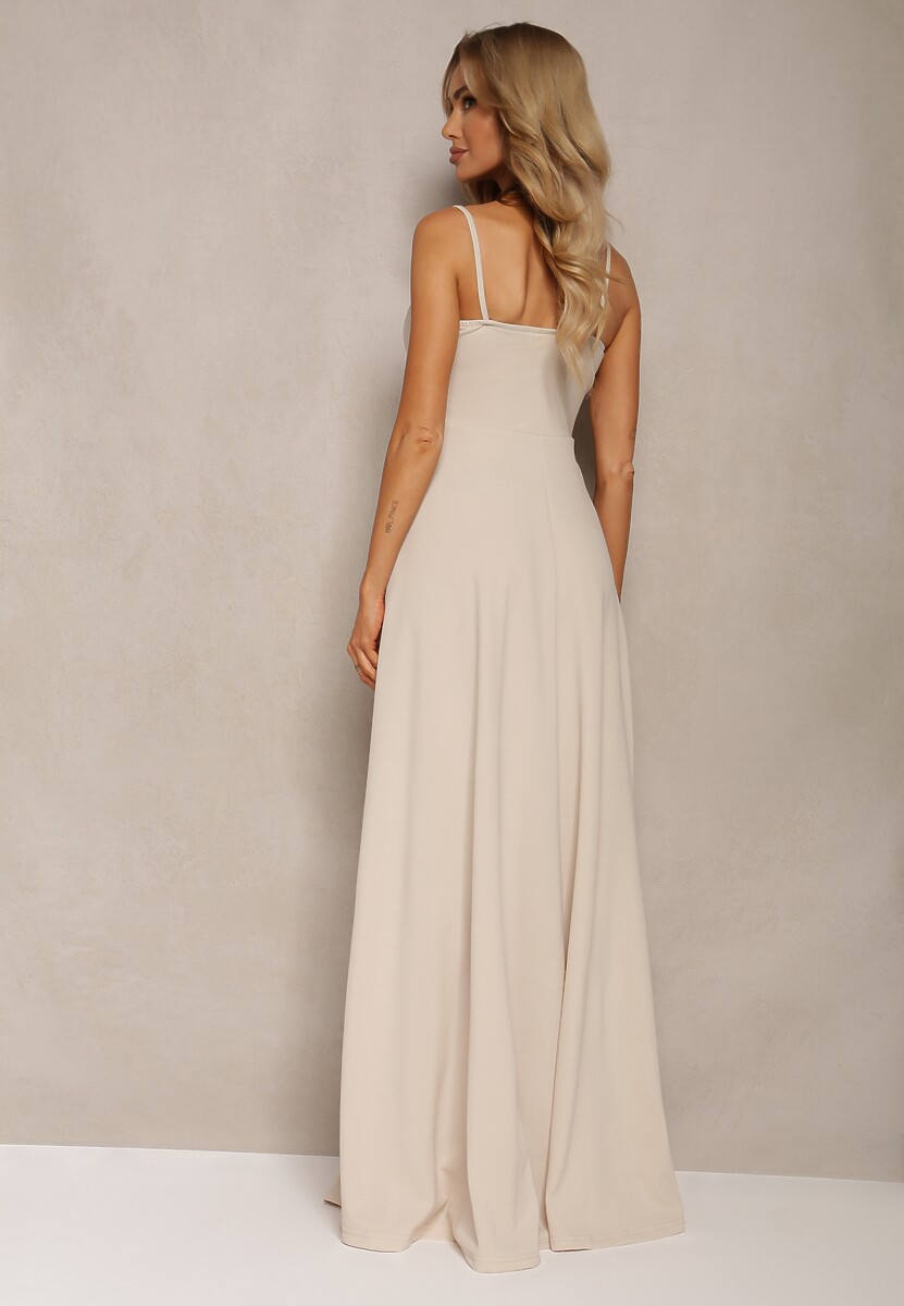 Beżowa Elegancka Sukienka o Rozkloszowanym Kroju z Rozcięciem na Ramiączkach z Kopertowym Dekoltem Winelia