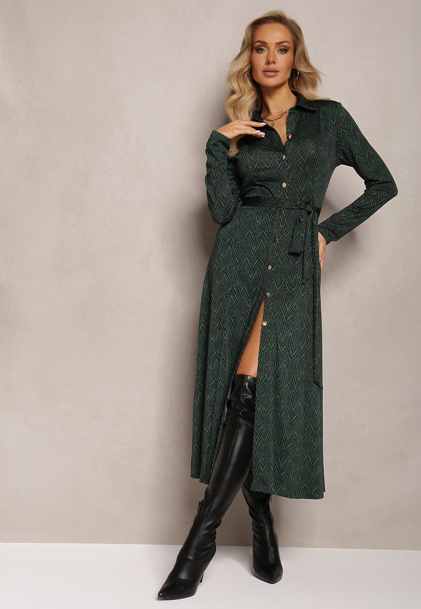 Ciemnozielona Koszulowa Sukienka Midi z Wiązanym Paskiem Xudilla