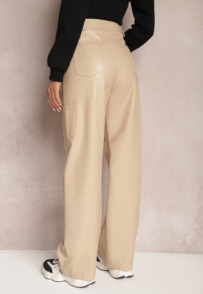 Jasnobeżowe Spodnie z Imitacji Skóry Szerokie Narash