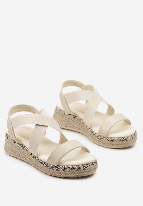 Beżowe Wsuwane Sandały na Niskim Koturnie z Jutową Plecionką Xarneli