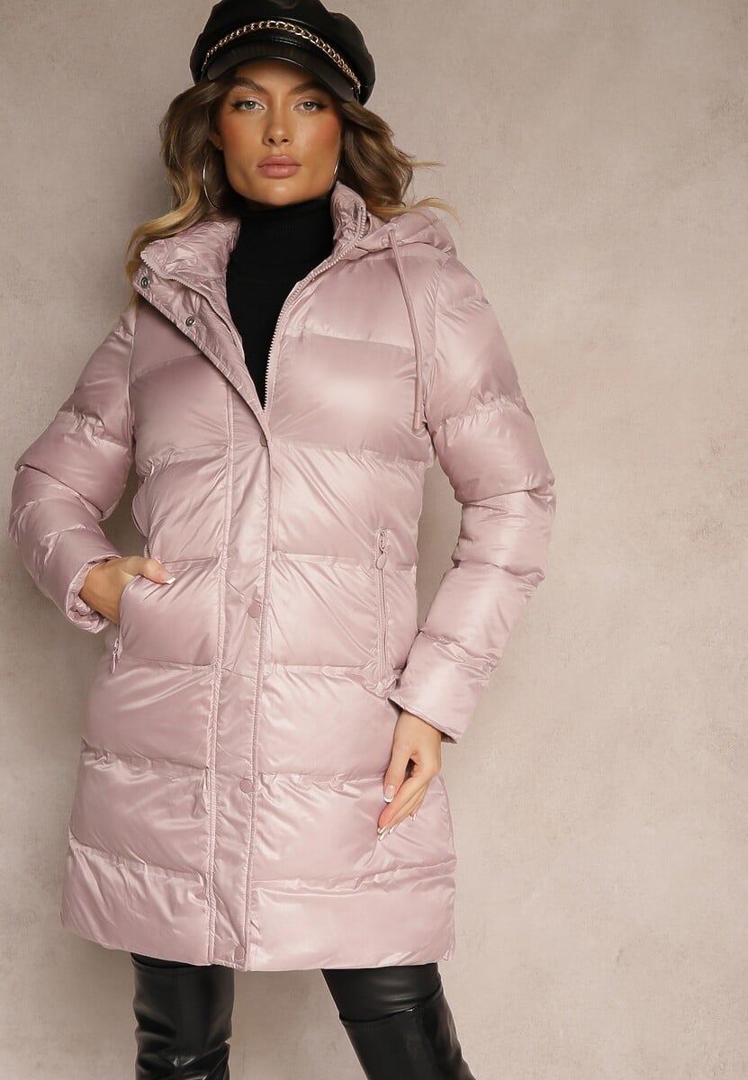 Brązowa Długa Kurtka z Kapturem Kieszeniami i Dwustronnym Suwakiem Zdobiona Pikowaniem Sanaviel