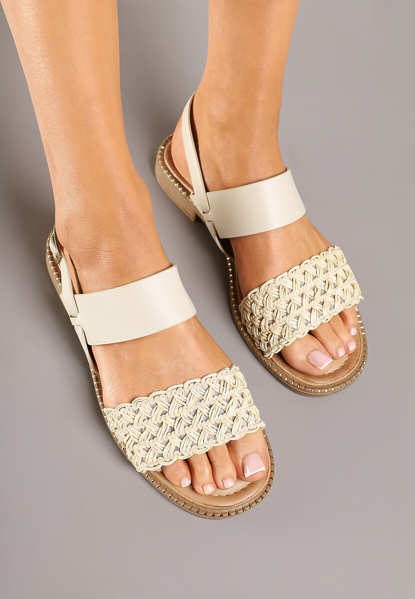 Beżowe Sandały Ozdobione Plecionym Paskiem z Przodu Kolithiela