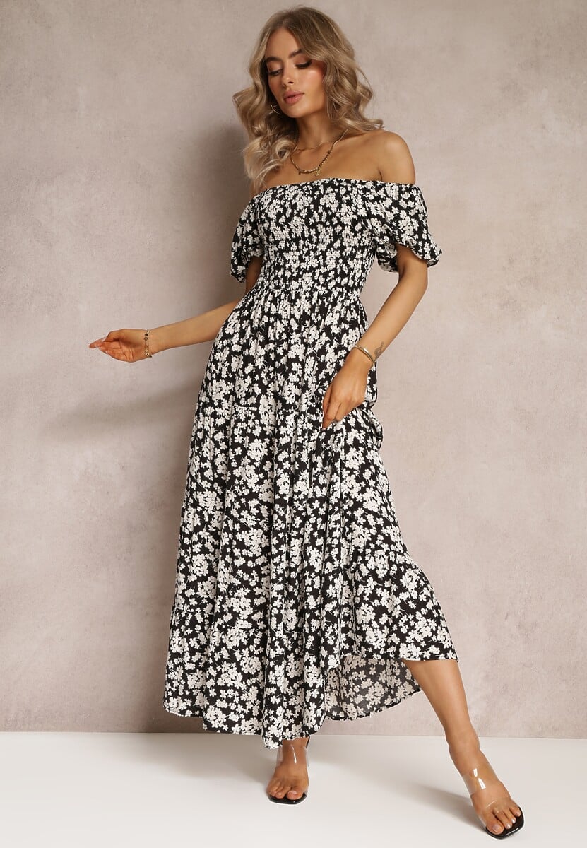Czarna Trapezowa Sukienka Bawełniana w Kwiaty Cresenia
