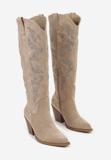 Ciemnobeżowe Kozaki Kowbojki na Stożkowym Obcasie z Aplikacją z Cyrkoniami Zevrine