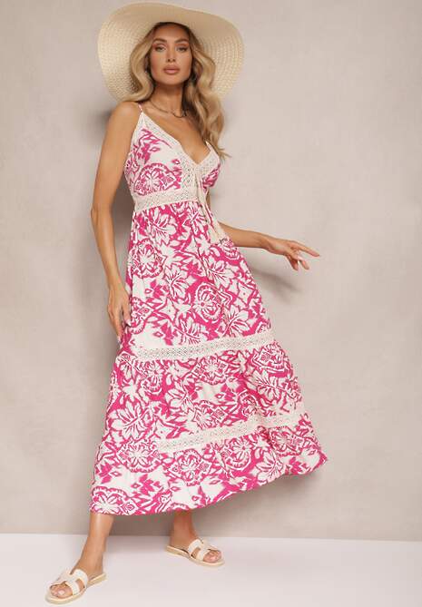 Różowa Sukienka z Bawełny o Rozkloszowanym Kroju w Etniczny Print Taliraya
