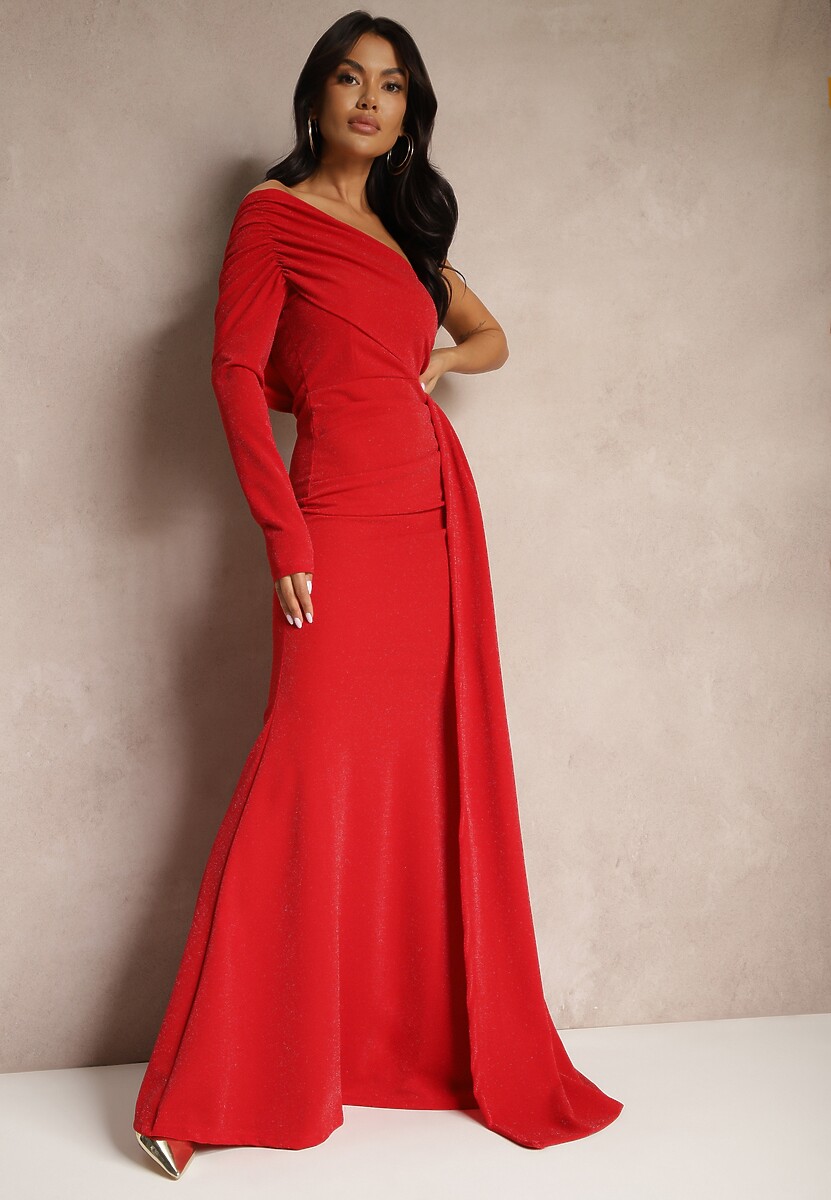Czerwona Wieczorowa Sukienka Asymetryczna na Jedno Ramię z Trenem i Metaliczną Nicią Emivonia