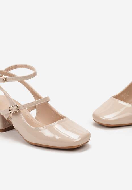 Beżowe Czółenka Lakierowane Zapinane na Dwie Sprzączki z Noskiem w Kwadrat Altheania