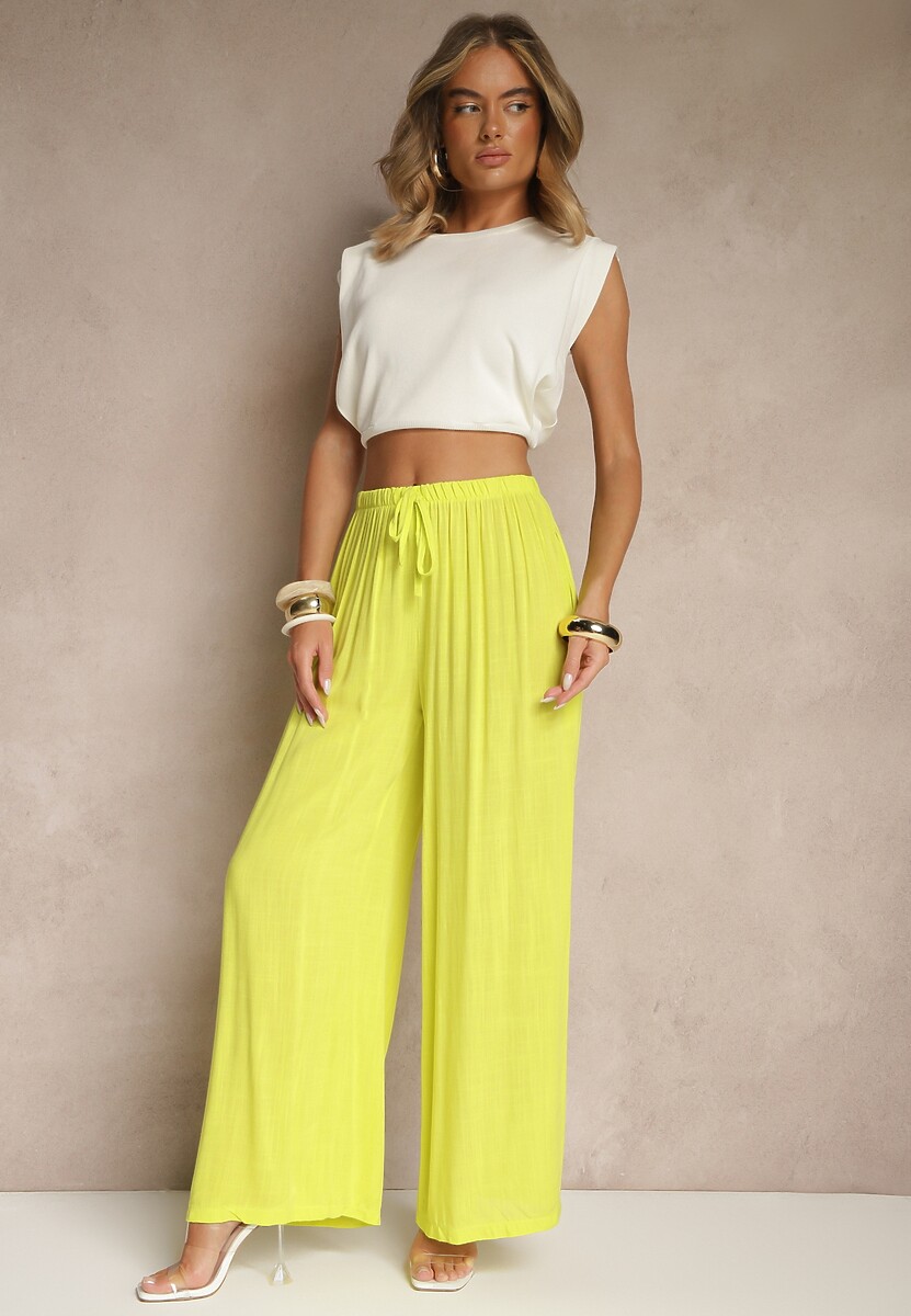 Jasnozielone Szerokie Spodnie High Waist z Gumką w Talii Ilnena