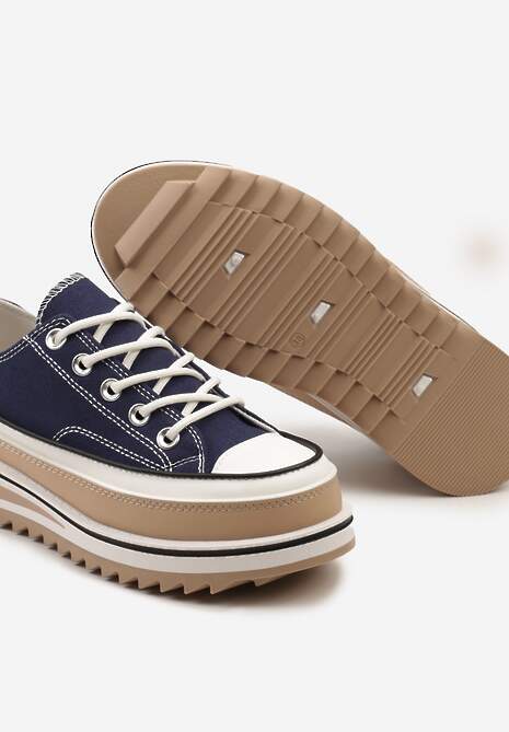 Granatowe Trampki na Ozdobnej Platformie ze Sznurowaniem Moonoria