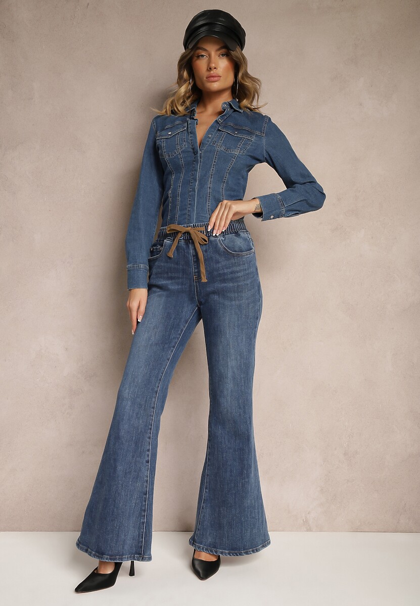 Niebieskie Bawełniane Jeansy Dzwony High Waist Ozdobione Sznurkiem Sovirra