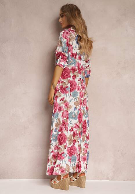 Biała Sukienka Koszulowa z Rozcięciem w Kwiaty Yamone