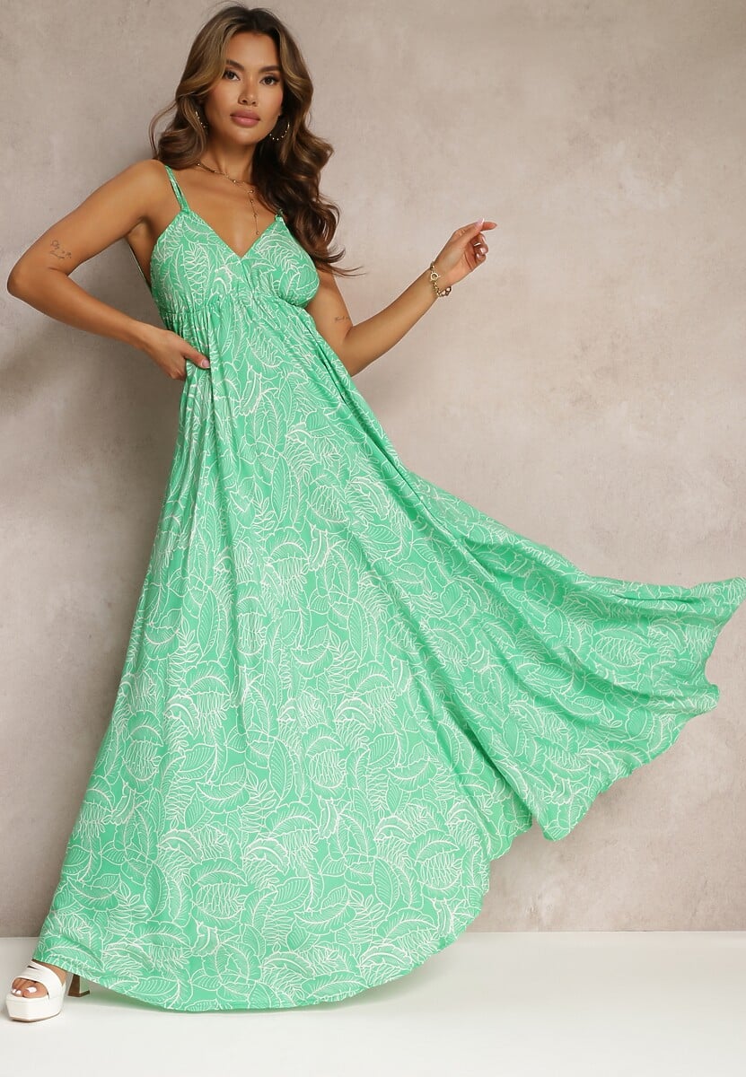 Zielona Rozkloszowana Sukienka Wiązana na Szyi z Wiskozy Frederica