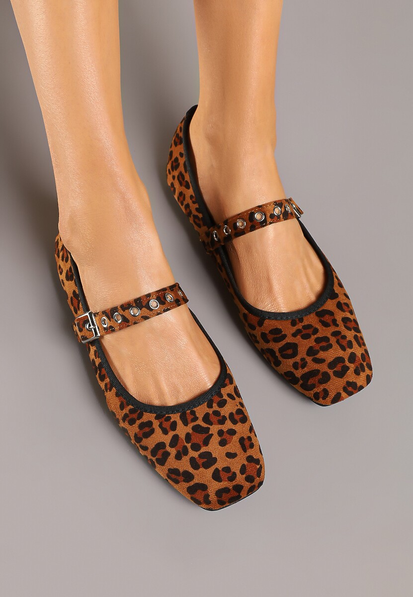 Brązowe Ekozamszowe Balerinki w Panterkę z Kwadratowym Noskiem i Zapięciem na Sprzączkę Ittalise