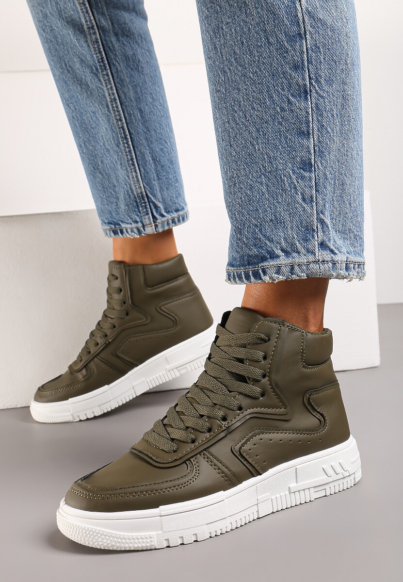 Zielone Sneakersy Sznurowane za Kostkę na Płaskiej Podeszwie Gitaria