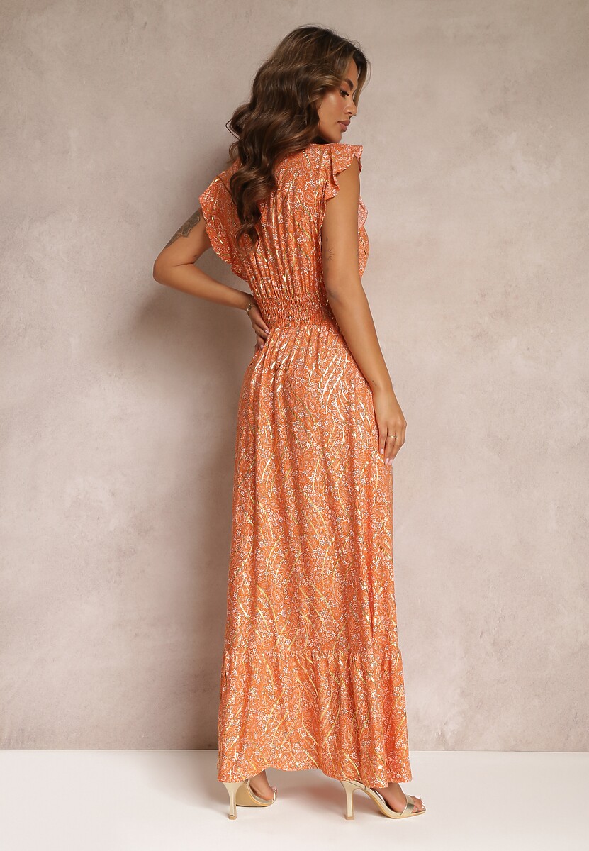 Pomarańczowa Sukienka Maxi z Metaliczną Aplikacją Wykonana z Wiskozy Akella