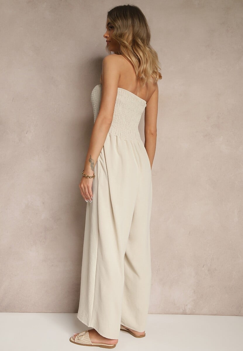 Beżowy Kombinezon Bandeau z Szeroką Nogawką Zdobiony Frędzlami Dovaira