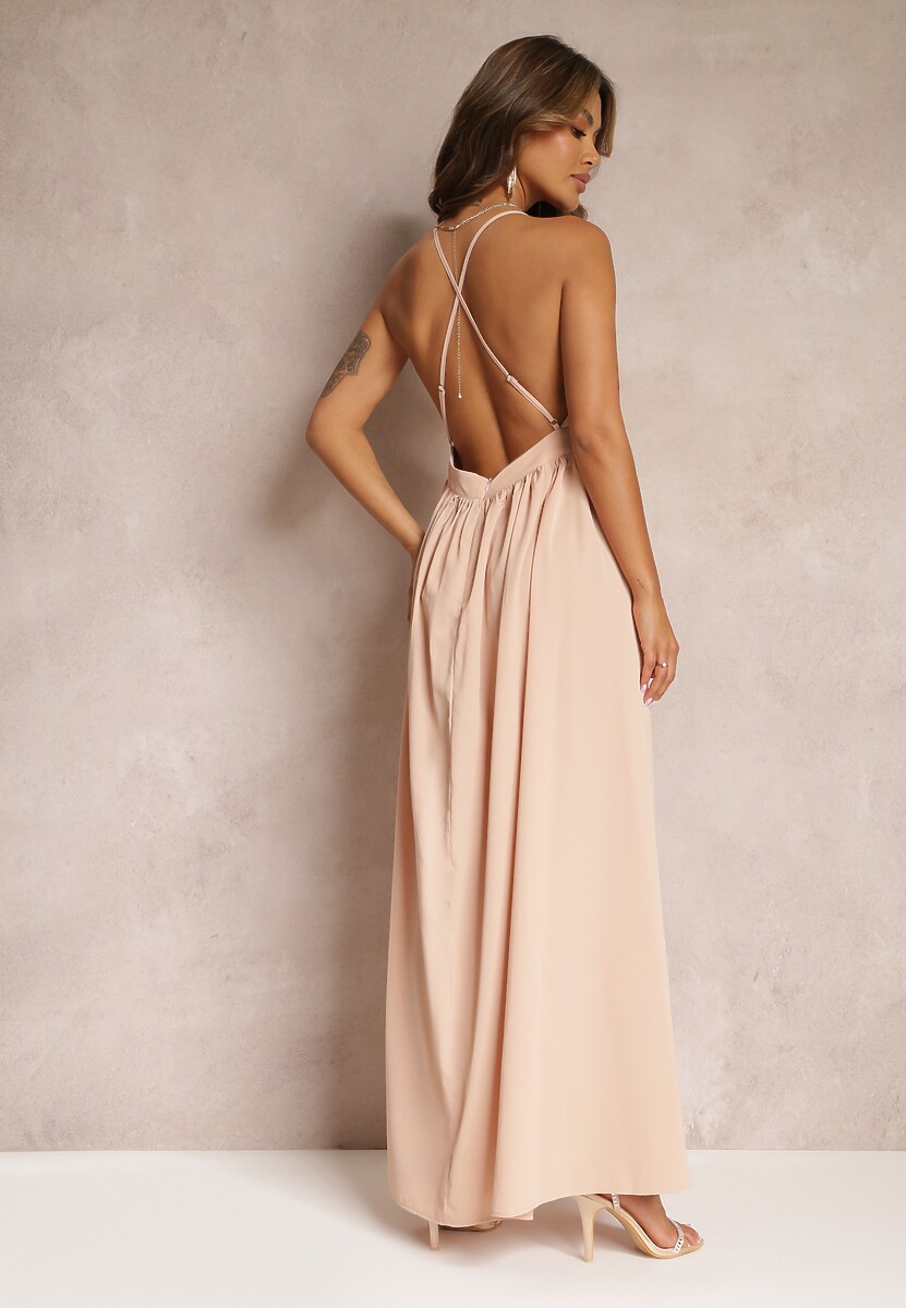 Beżowa Rozkloszowana Sukienka Maxi na Ramiączkach z Trójkątnym Dekoltem Claudi