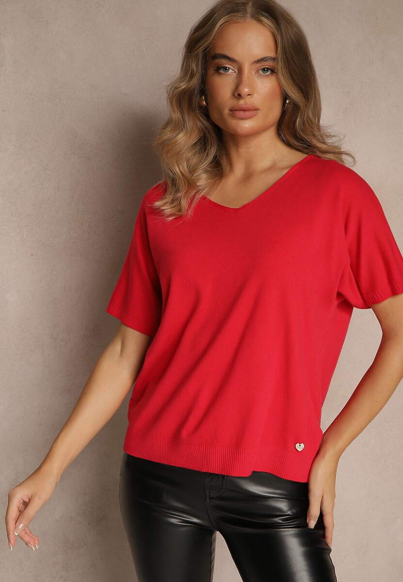Czerwona Bluzka z Dzianiny z Dekoltem w Serek Fenalise