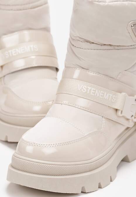 Beżowe Śniegowce Lakierowane z Taśmami z Napisami Ermanno