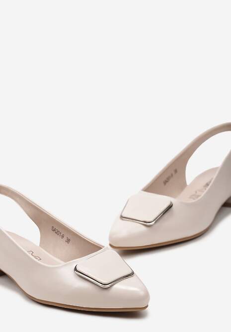 Beżowe Płaskie Sandały Sling-Back z Noskiem w Szpic i Klamrą ze Skórzaną Wkładką Sitaraga