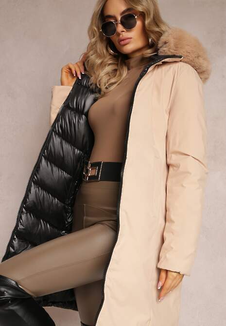 Czarna Dwustronna Kurtka Płaszcz z Klasycznym Pikowaniem i Kapturem z Futerkiem Nuncos