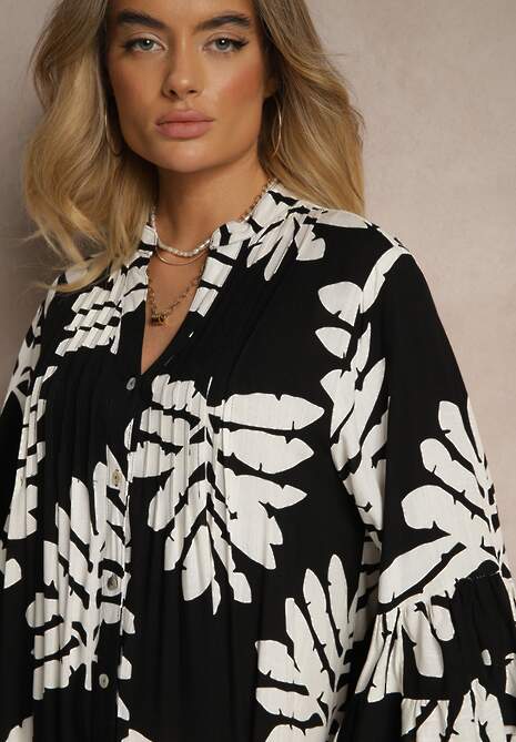 Czarna Koszulowa Sukienka z Wiskozy z Falbankami w Liściasty Wzór Ridiella