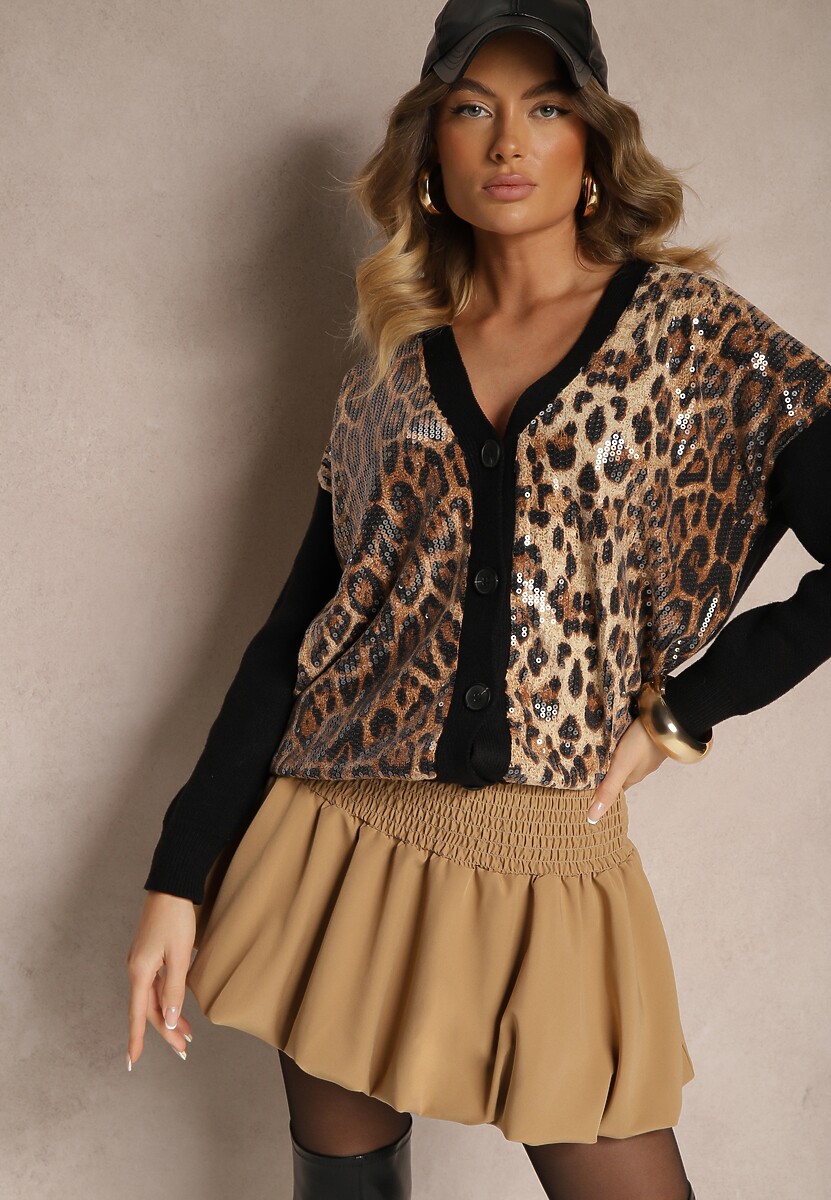 Ciemnobeżowa Bufiasta Spódnica o Rozkloszowanym Kroju Balloon z Szeroką Gumką w Pasie Hetitha