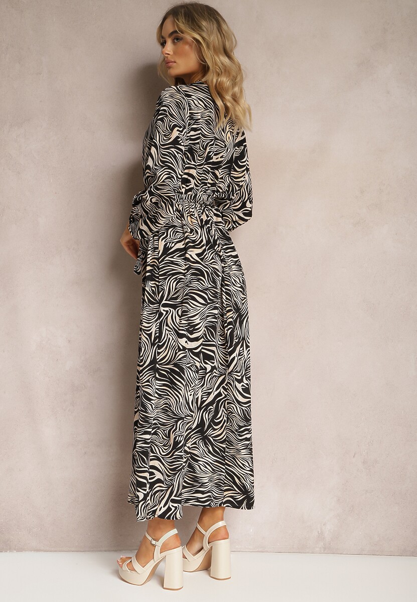Czarna Kopertowa Sukienka Długa w Abstrakcyjny Wzór z Paskiem w Talii Elennora